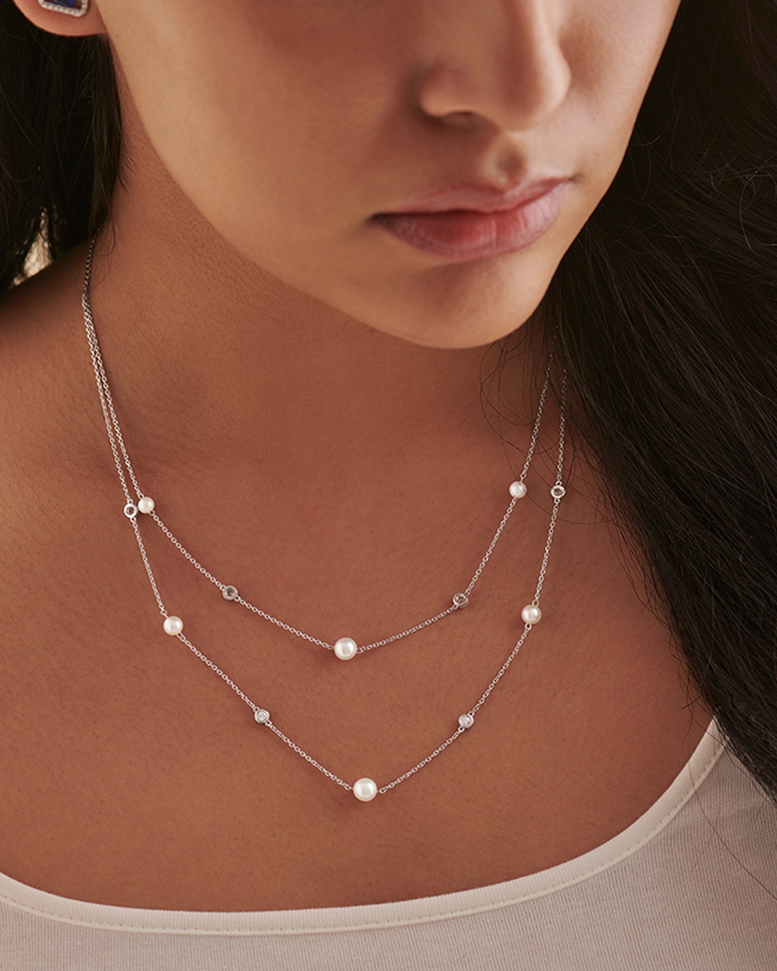 Layered Pearl Diamond Station Necklace, Sterling Silver, 1/3 ct Lab Grown Diamond-4