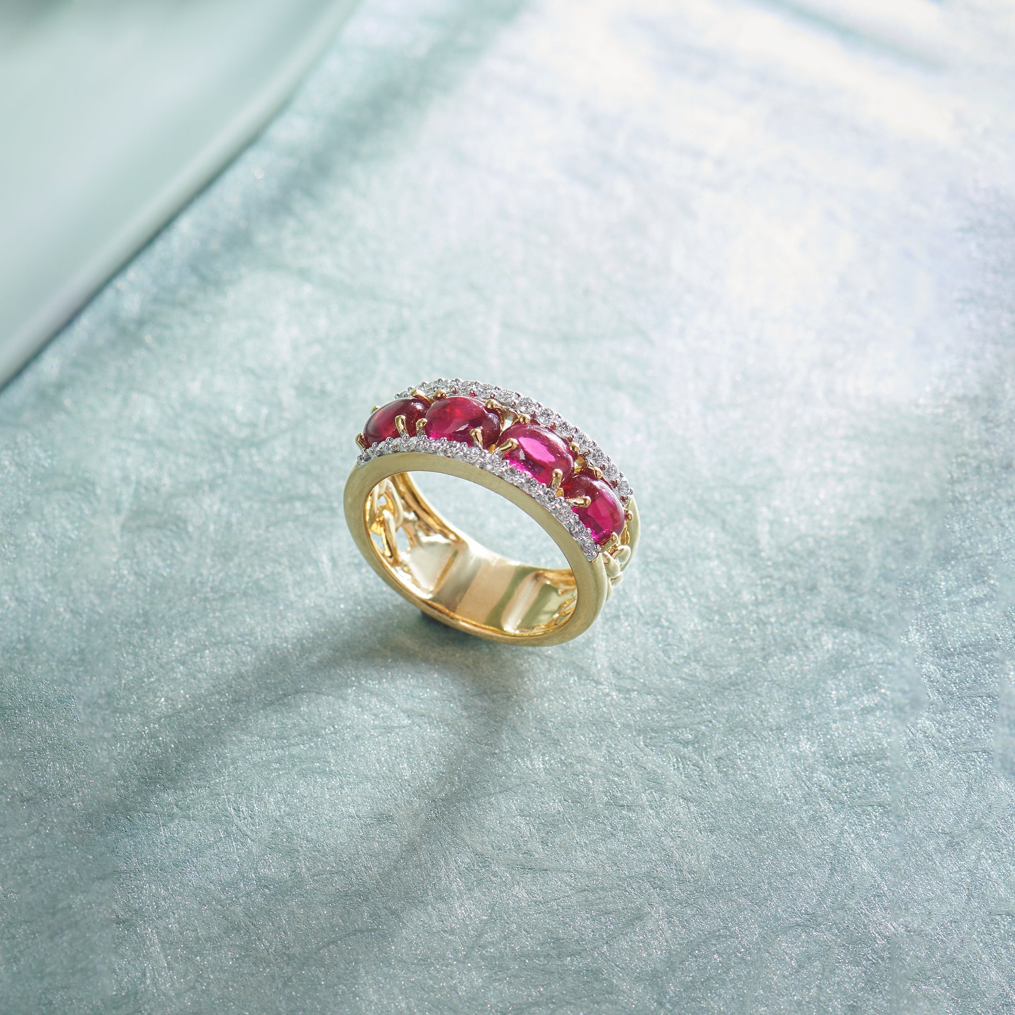 Three Row Created Ruby and Diamond Band, 14K Solid Gold,3 ct Lab Grown Diamond-1