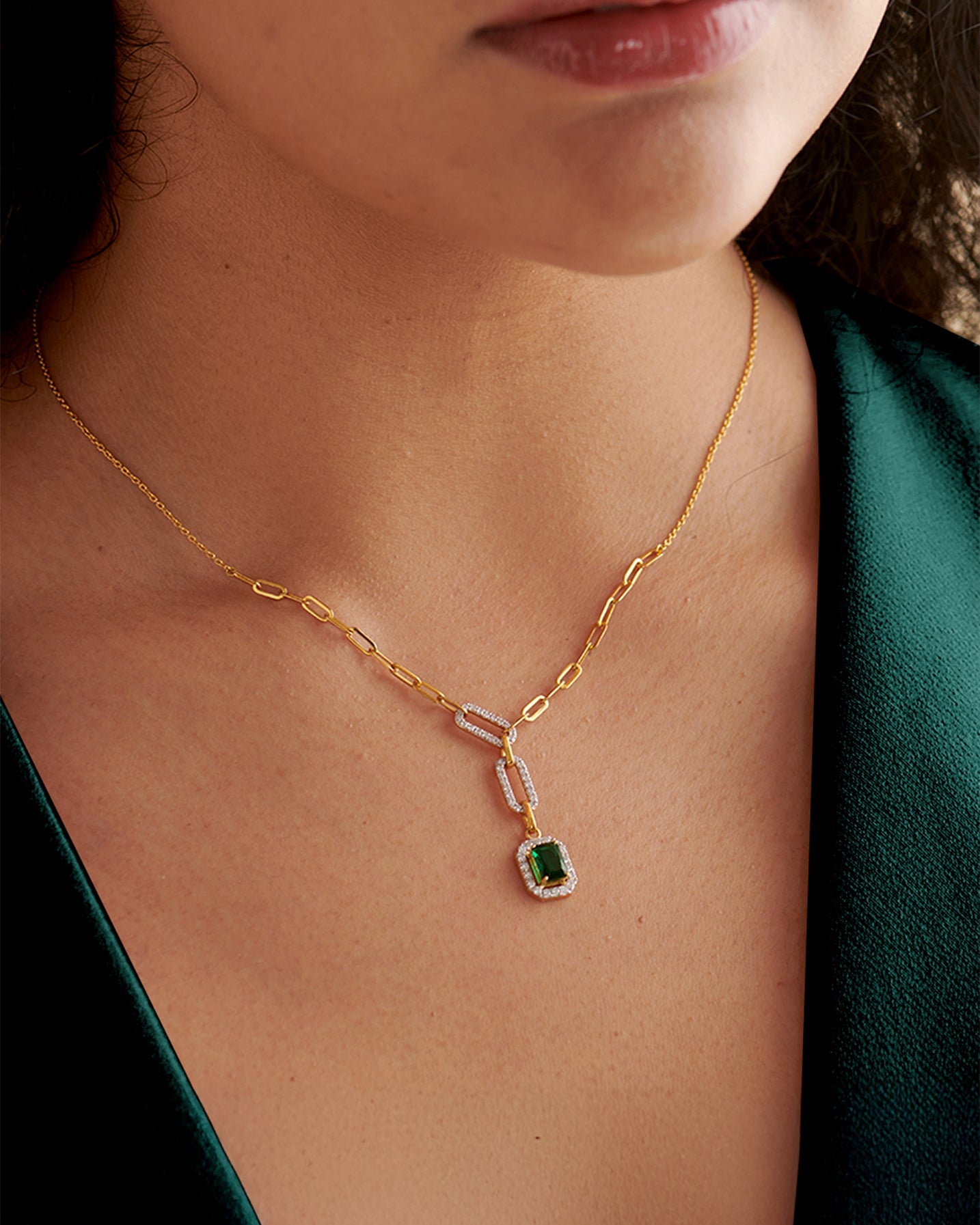 Emerald Lariat Necklace, 14K Gold Vermeil, 1/2 ct Lab Grown Diamond-2