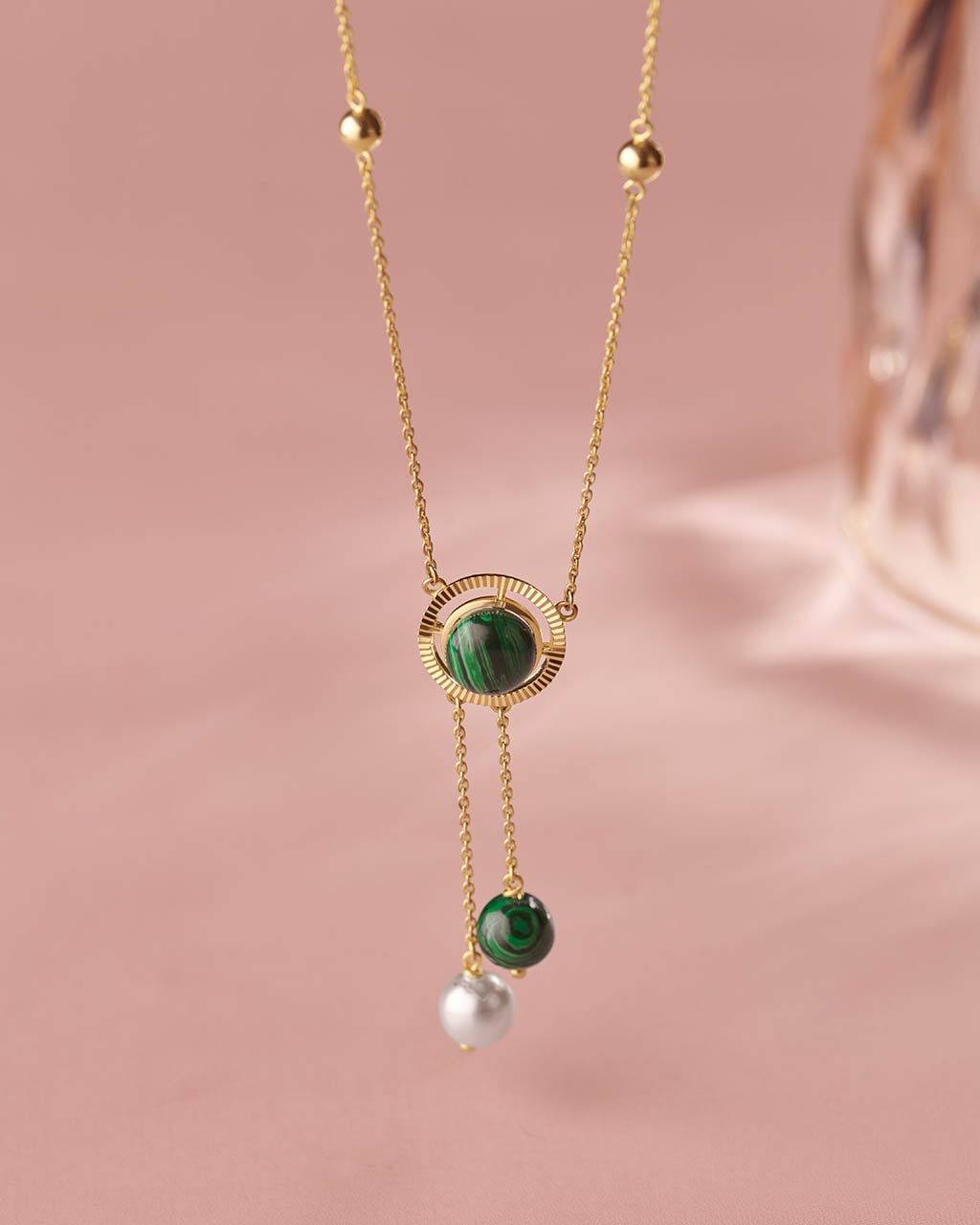 Harmony Pearl Malachite Necklace, 14K Solid Gold-6