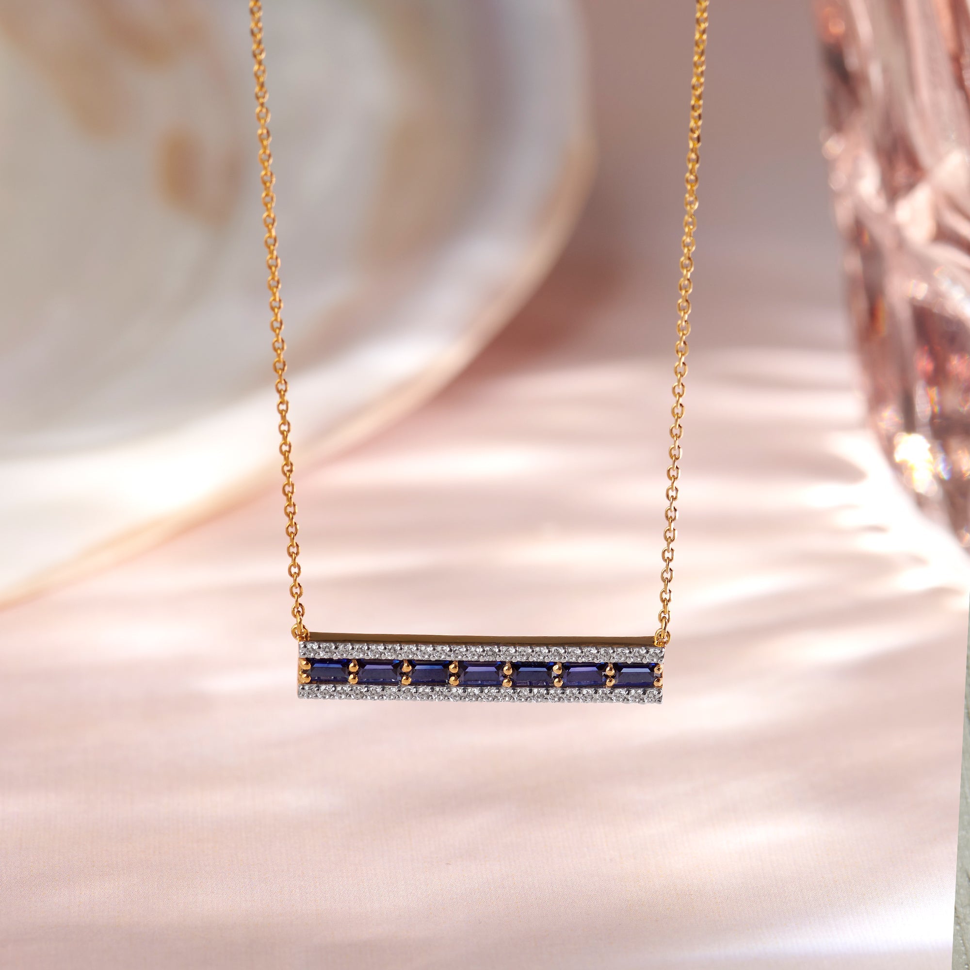Created Sapphire Bar Necklace, 14K Solid Gold, 1/3 ct Lab Grown Diamond-1