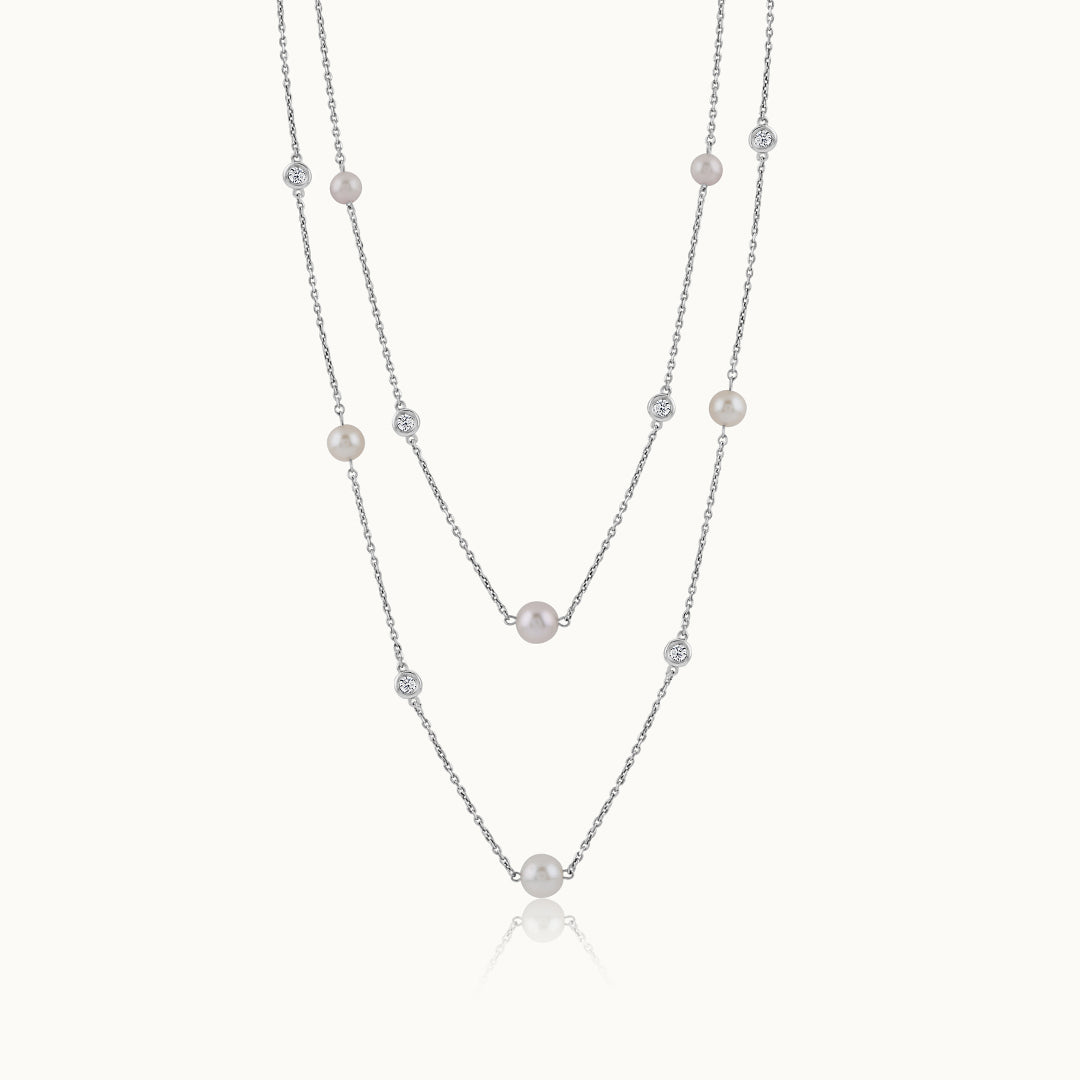 Layered Pearl Diamond Station Necklace, Sterling Silver, 1/3 ct Lab Grown Diamond-3