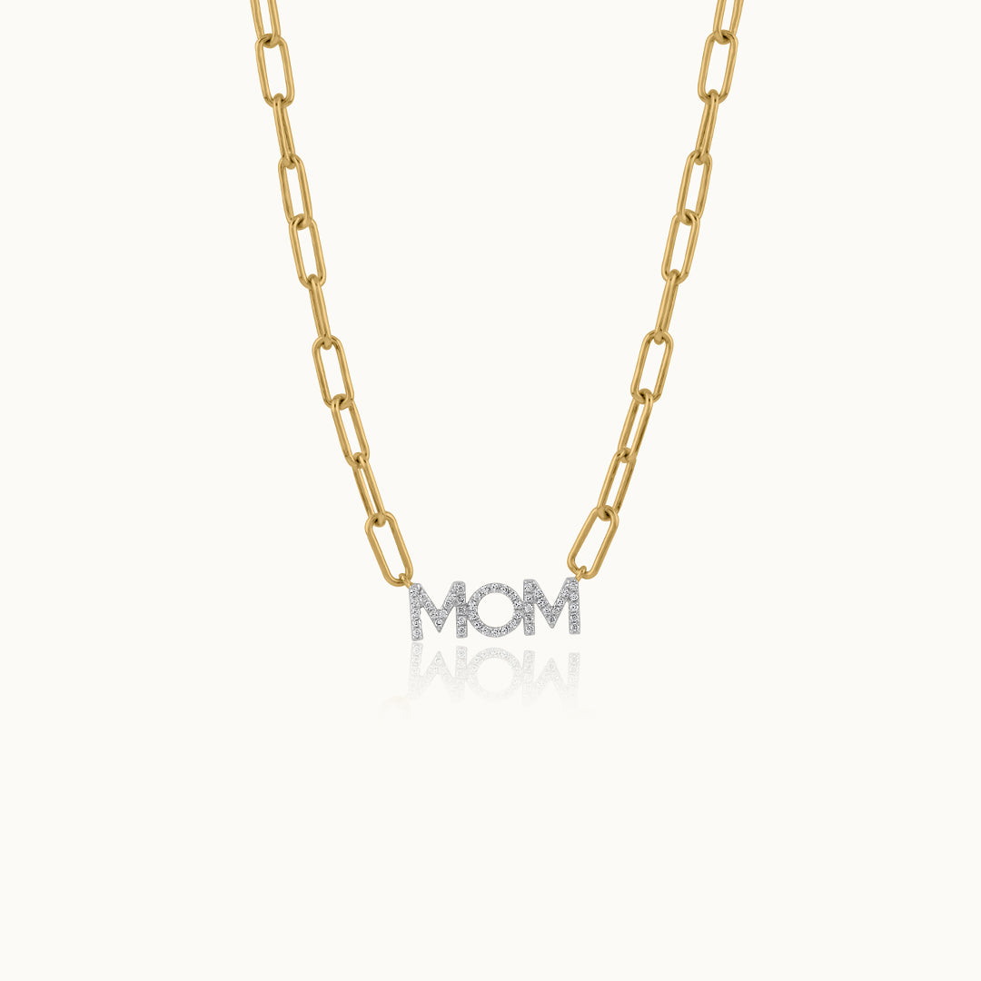 Mom Diamond Paperclip Necklace, 14K Solid Gold, 1/4 ct Lab Grown Diamond-3